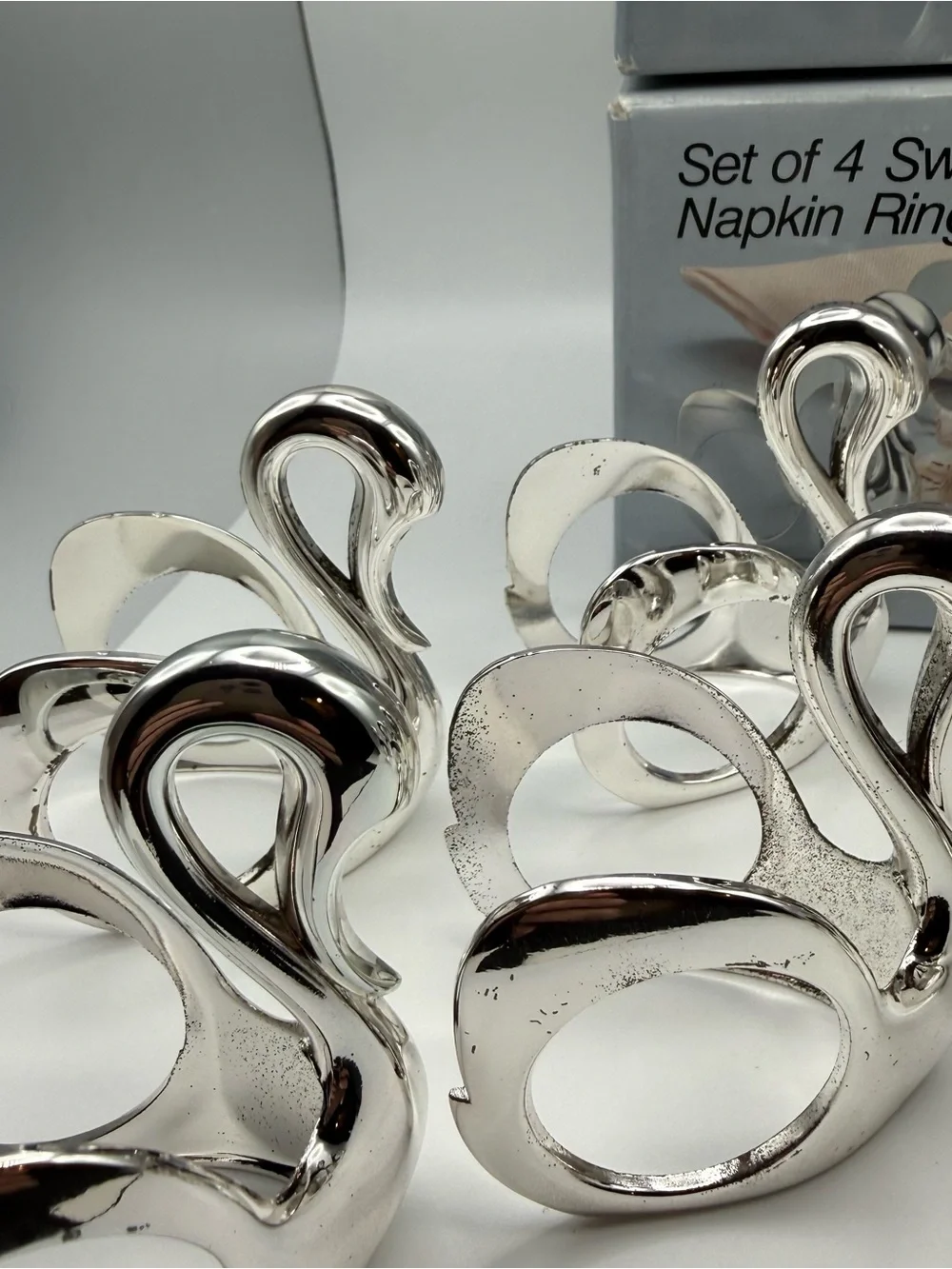 Vintage Wm A Rogers Silverplate Swan Napkin Rings Set of 8 Japan w Boxes